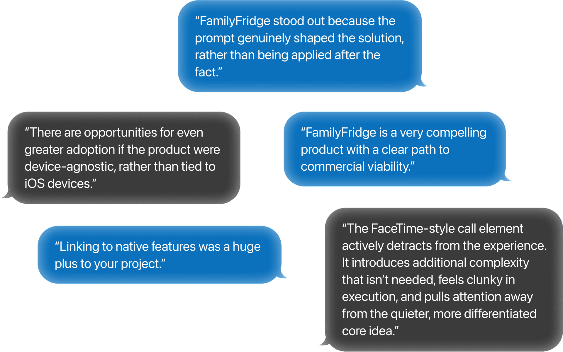 “FamilyFridge stood out because the prompt genuinely shaped the solution, rather than being applied after the fact.”  “There are opportunities for even greater adoption if the product were device-agnostic, rather than tied to iOS devices.” “FamilyFridge is a very compelling product with a clear path to commercial viability.” “Linking to native features was a huge plus to your project.” “The FaceTime‑style call element actively detracts from the experience. It introduces additional complexity that isn’t needed, feels clunky in execution, and pulls attention away from the quieter, more differentiated core idea.”