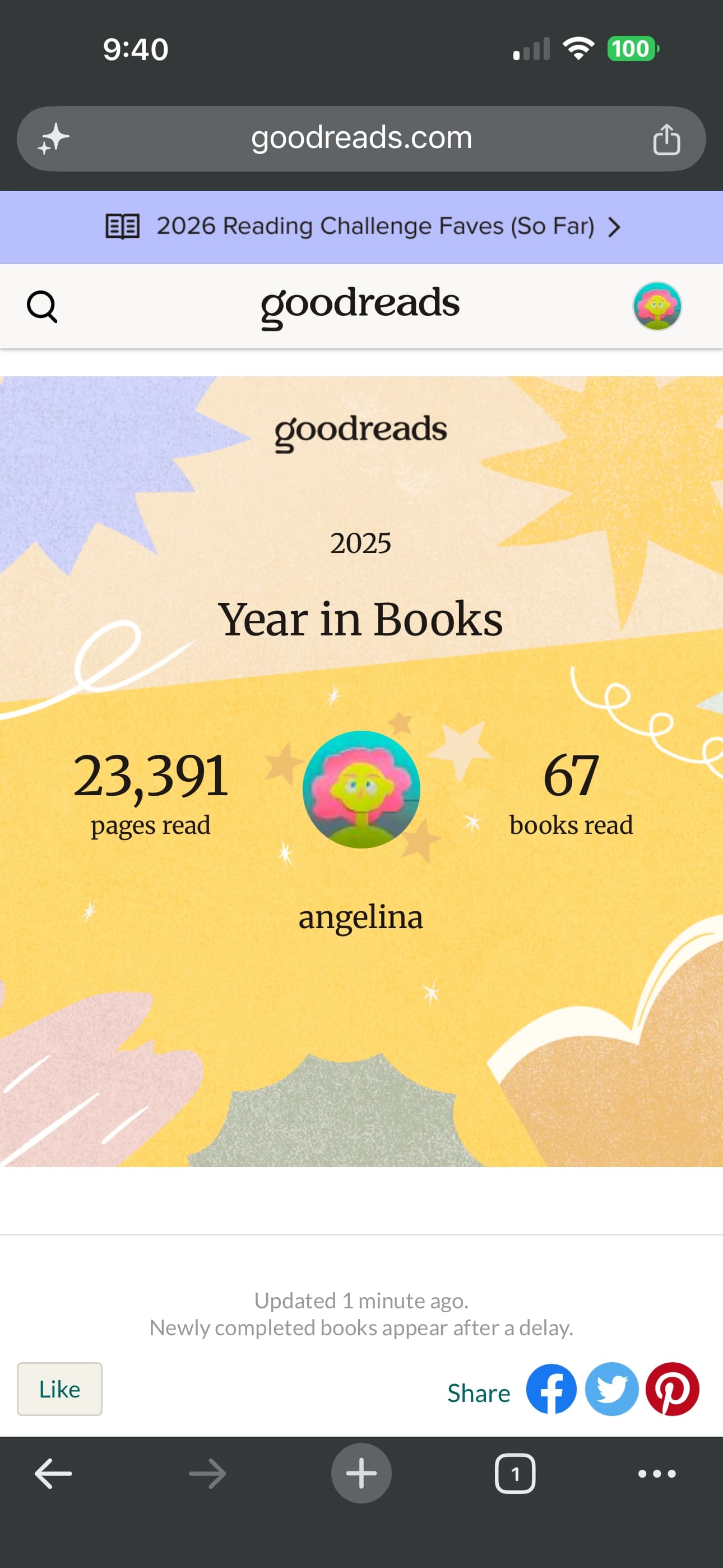 Screenshot of Goodreads' existing Year in Books page — a static webpage with no shareable graphics