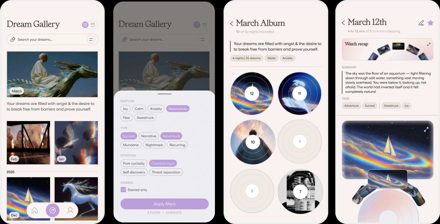 Dream Gallery view showing monthly album covers organized chronologically