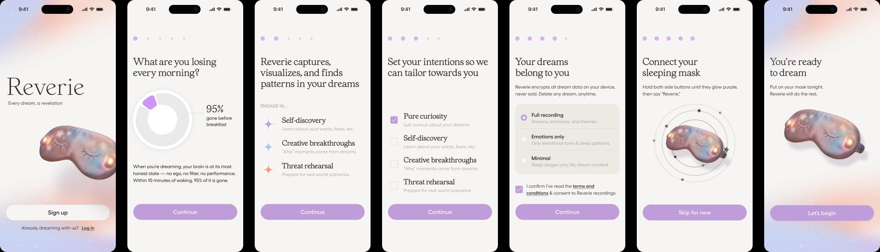 Onboarding flow showing the Reverie landing screen with sign-up and privacy-first design decisions